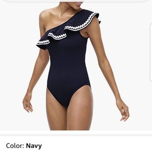 BNWT J. Crew Navy One Shoulder Ruffle Suit sz 4